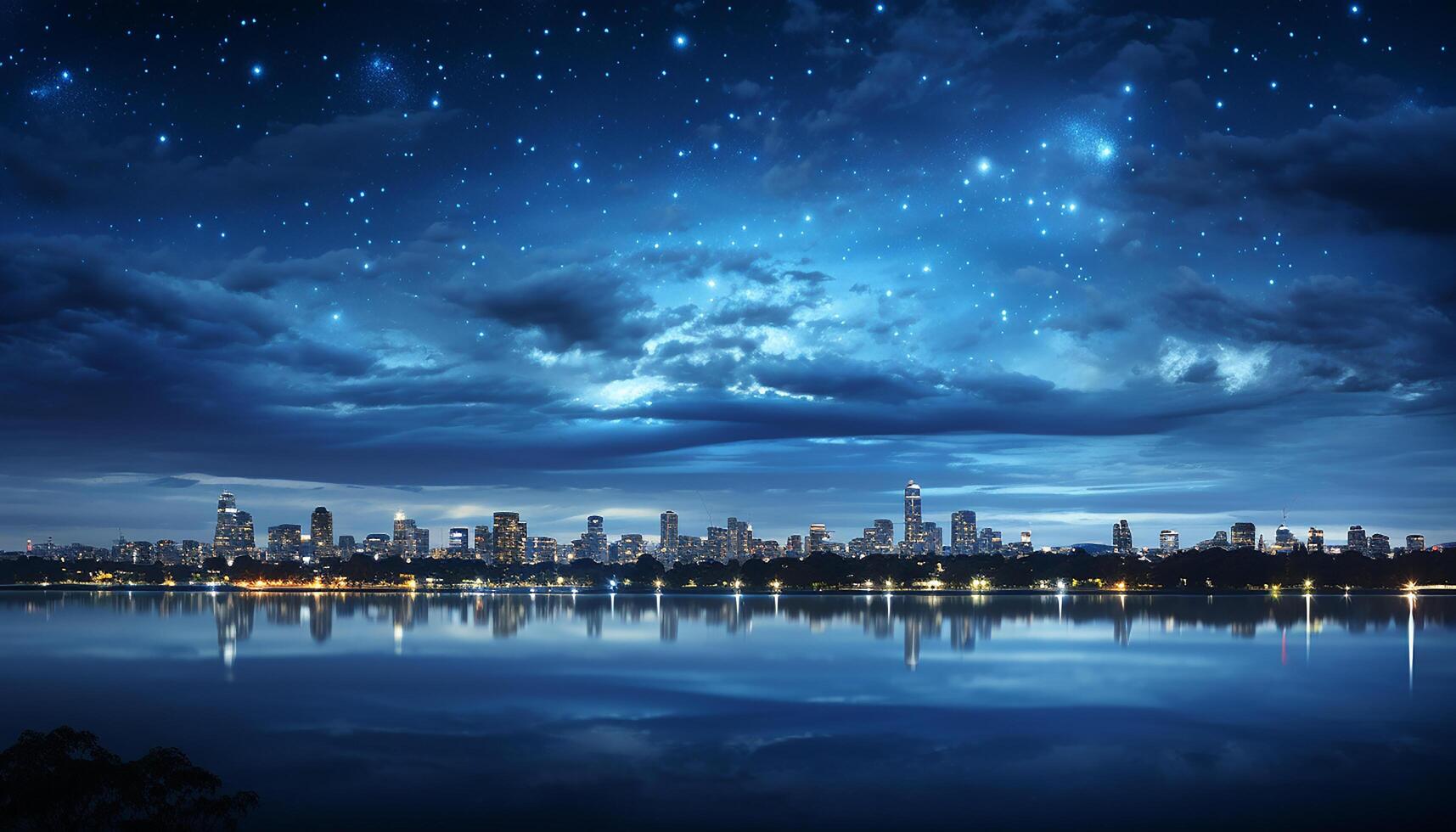 AI generated Cityscape silhouette reflects in the dark blue water at dusk generated by AI photo