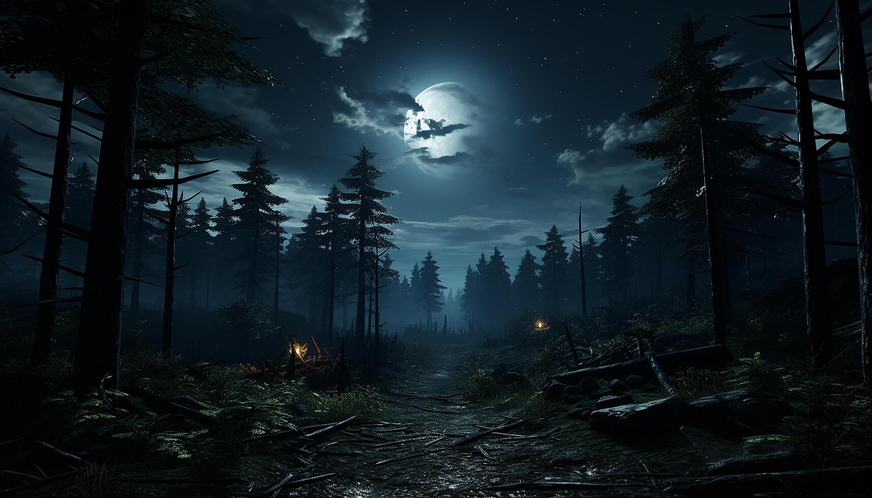 AI generated Spooky moonlight reveals mysterious beauty in abandoned forest landscape generated by AI photo