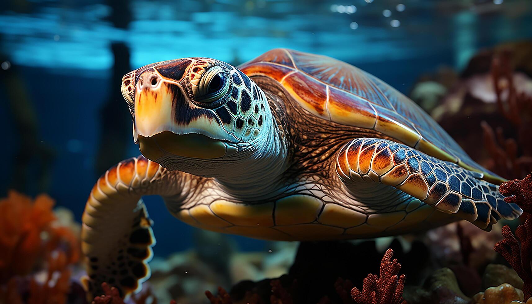 AI generated Turtle swimming in blue sea, surrounded by colorful underwater life generated by AI photo