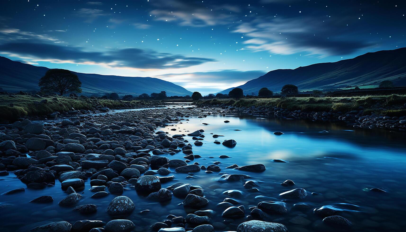 ai generado majestuoso montaña pico refleja tranquilo azul agua debajo crepúsculo cielo generado por ai foto