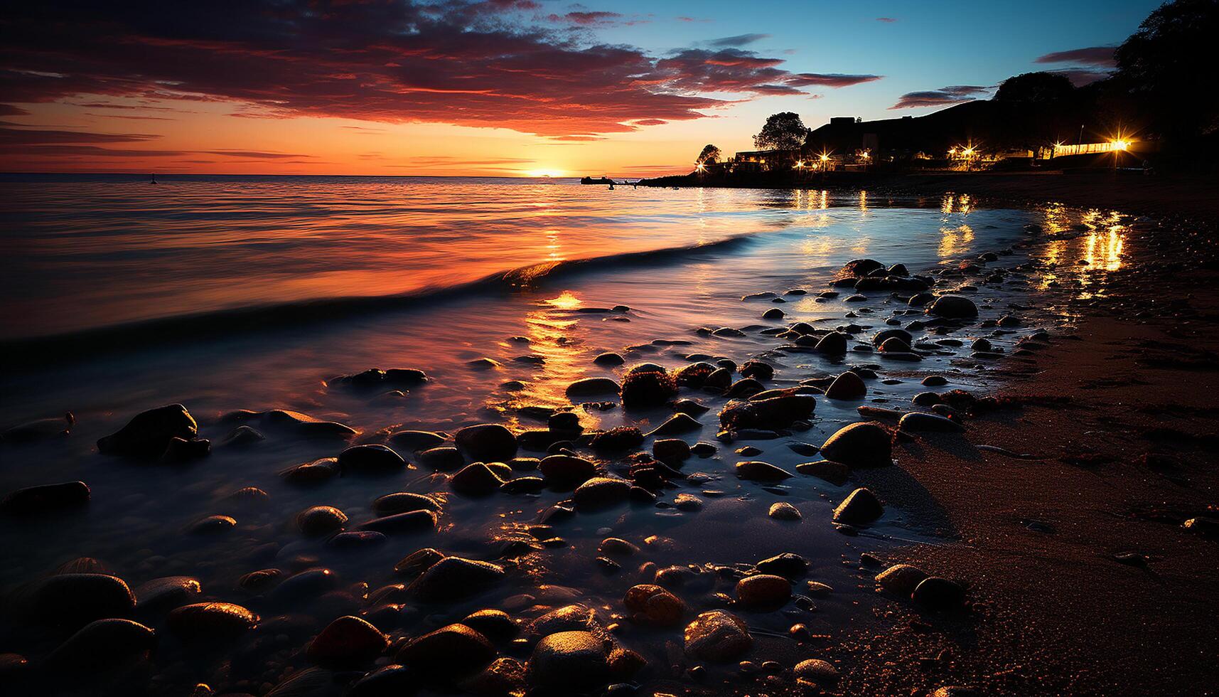 AI generated Sunset over tranquil water, a picturesque summer landscape of beauty generated by AI photo