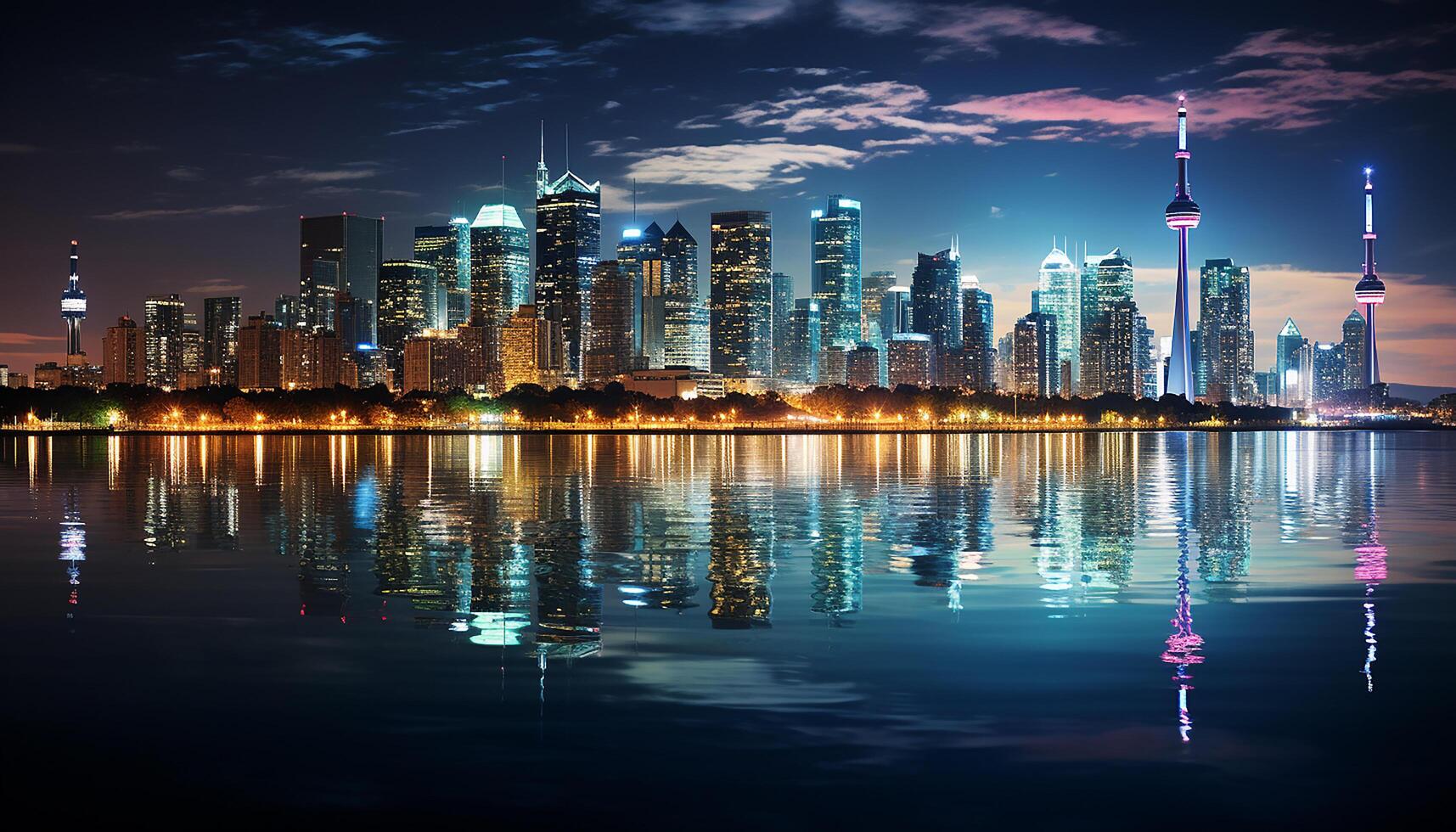 AI generated City life at dusk Skyscrapers illuminate the waterfront, reflecting in the water generated by AI photo