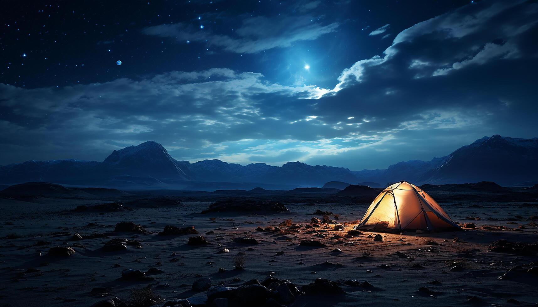 AI generated Mountain peak with camping, night adventure, travel, sky, beauty in nature, sunset, hiking, tranquil scene generated by AI photo