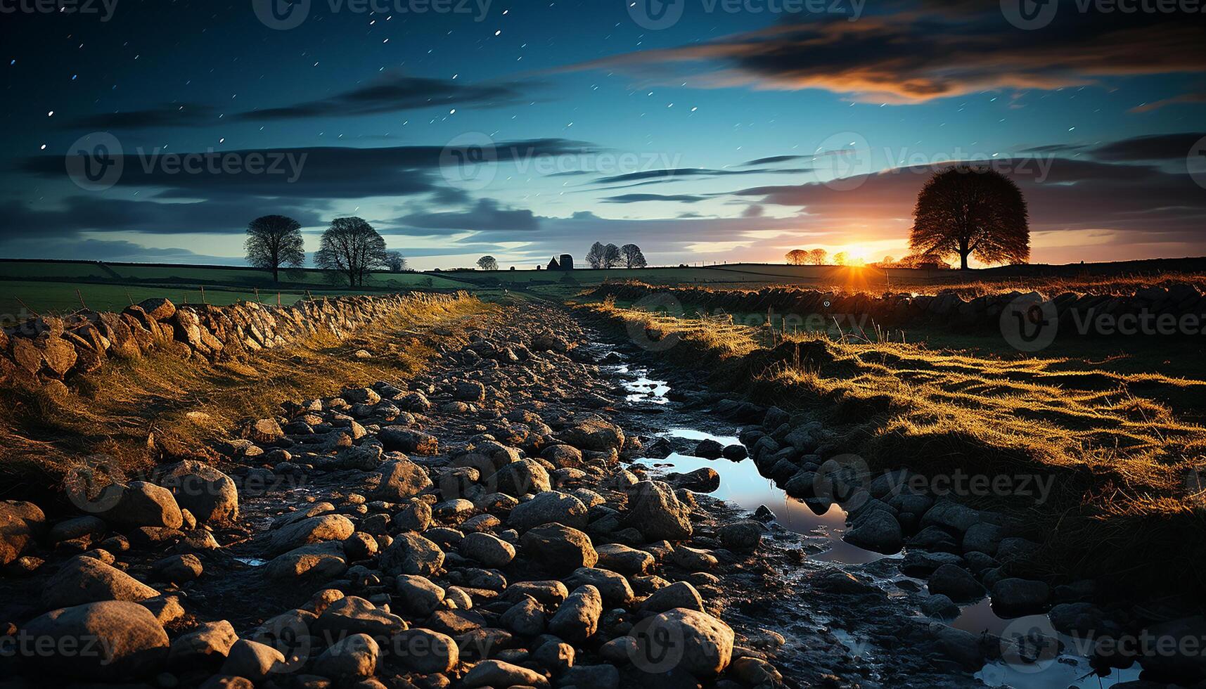 AI generated Tranquil sunset over rural landscape, nature beauty reflected in water generated by AI photo