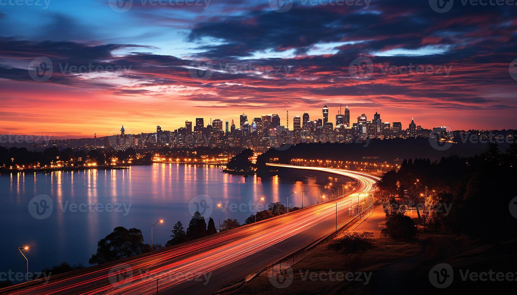 AI generated City skyline illuminated by vibrant sunset, reflecting in water generated by AI photo