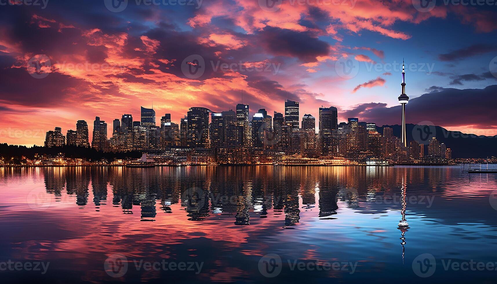 AI generated Skyscrapers illuminate city skyline, reflecting in waterfront at dusk generated by AI photo