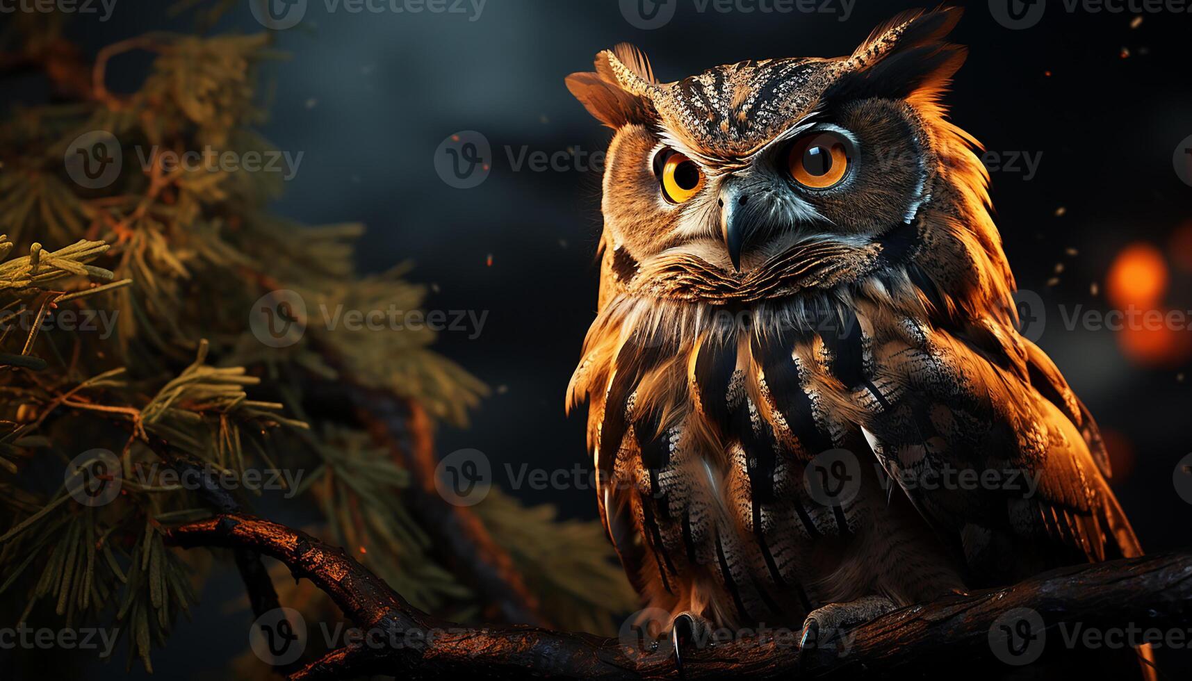 AI generated Large bird of prey perching on branch, staring with evil eye generated by AI photo