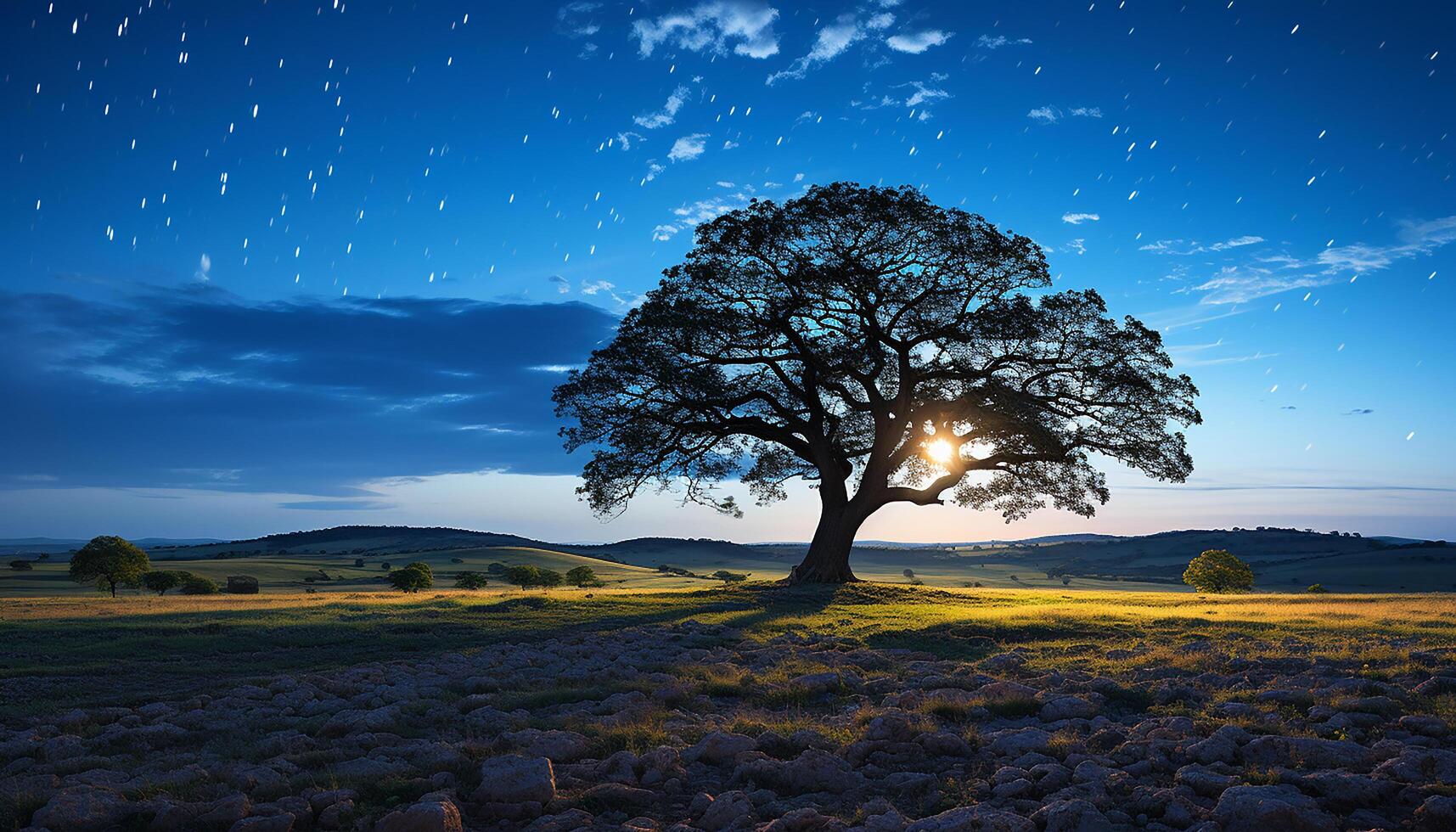 AI generated Tranquil meadow, sunset sky, lonely tree, nature beauty generated by AI photo