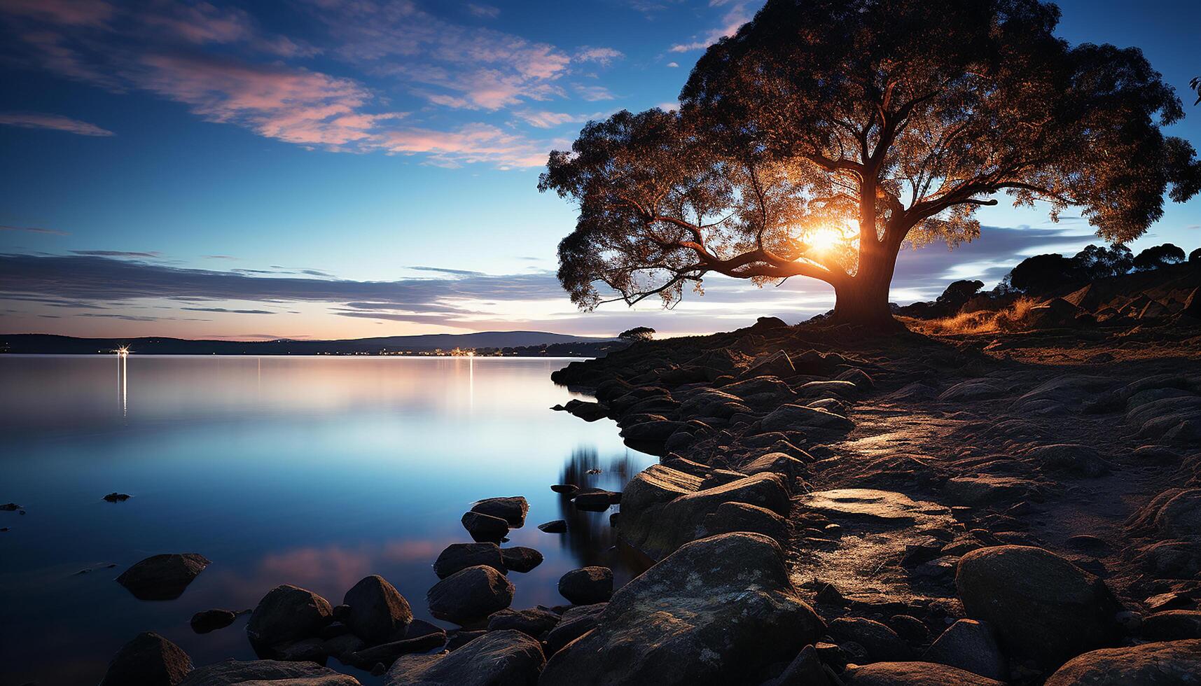 AI generated Sunset over tranquil water, reflecting the beauty of nature generated by AI photo