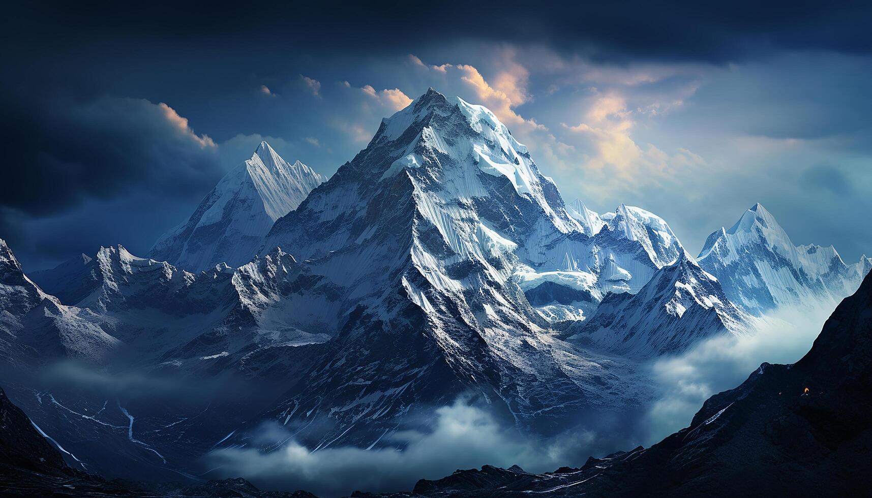 ai generado majestuoso montaña cima, nieve cubierto paisaje, azul cielo, tranquilo escena generado por ai foto