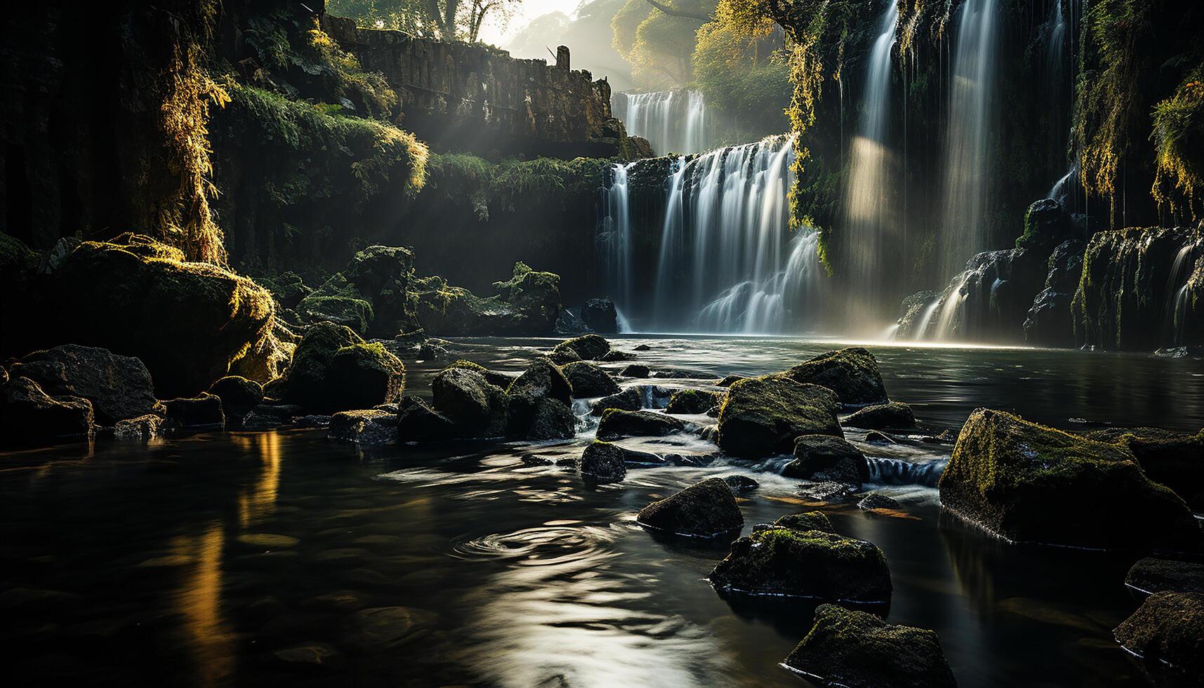 AI generated Majestic waterfall flows through tropical rainforest, reflecting natural beauty generated by AI photo
