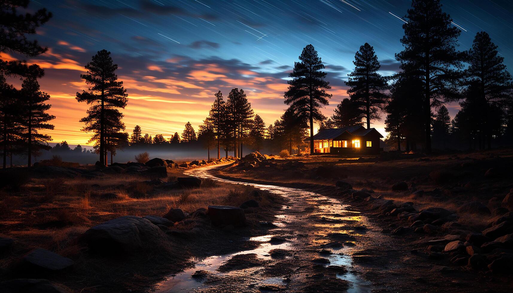 AI generated Tranquil dusk, nature beauty sunset over mountain, forest, and water generated by AI photo