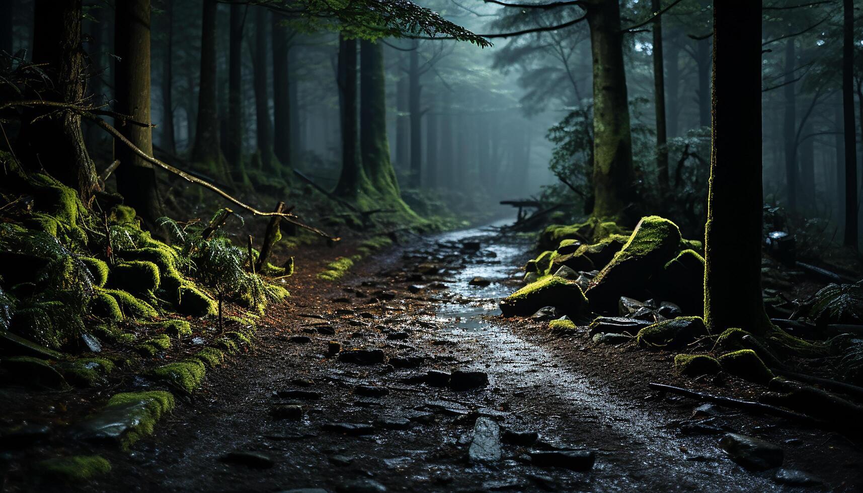 AI generated Mysterious fog blankets spooky forest, revealing nature hidden beauty generated by AI photo