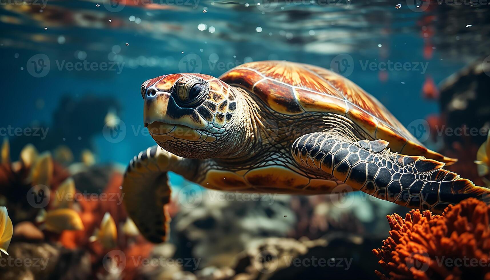 ai generado tropical mar Tortuga nadando en vistoso submarino arrecife generado por ai foto