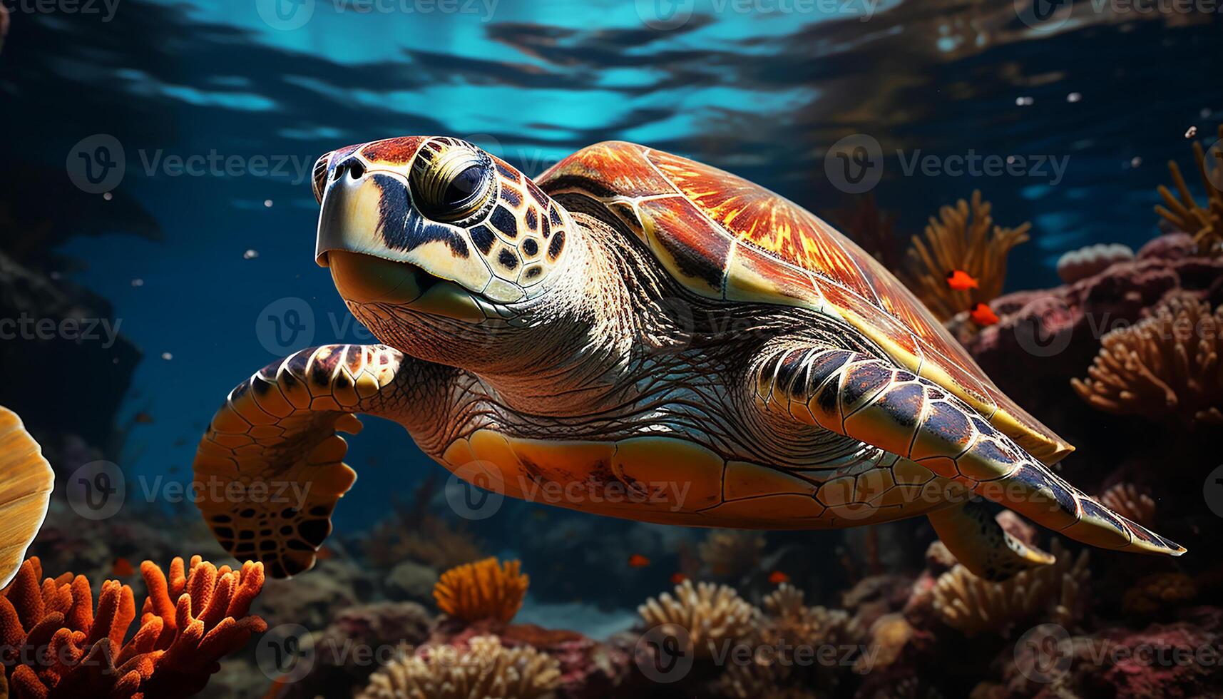 AI generated A beautiful sea turtle swimming in the colorful underwater reef generated by AI photo