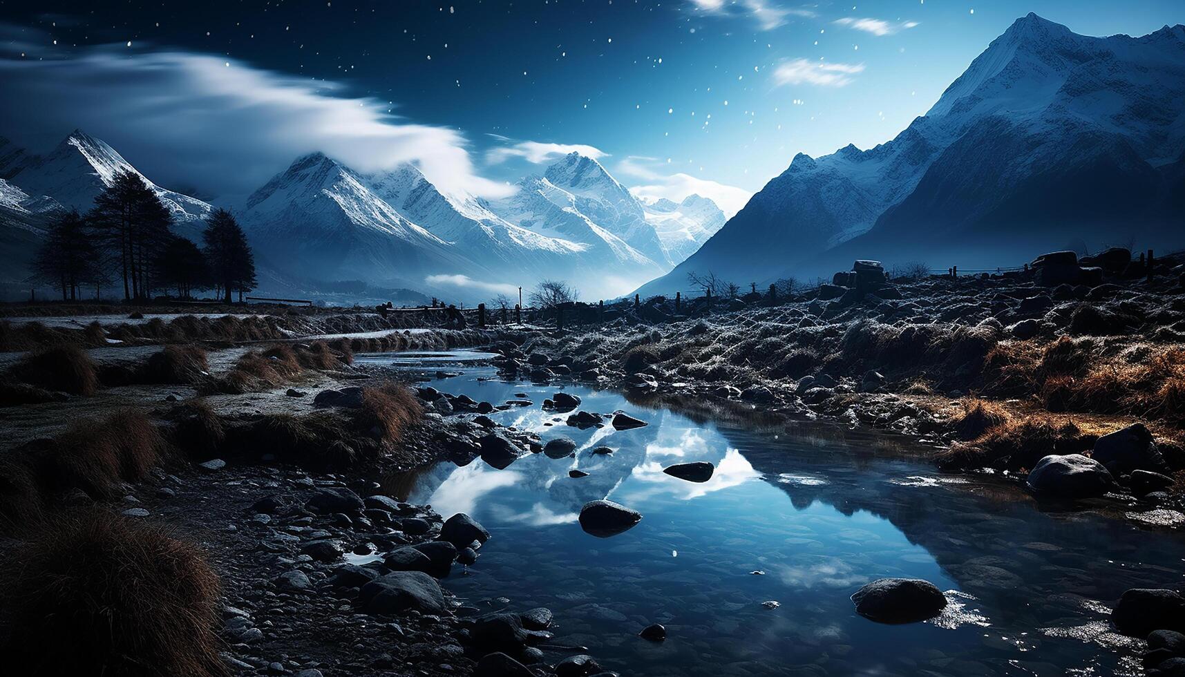 AI generated Majestic mountain peak reflects in tranquil blue water generated by AI photo