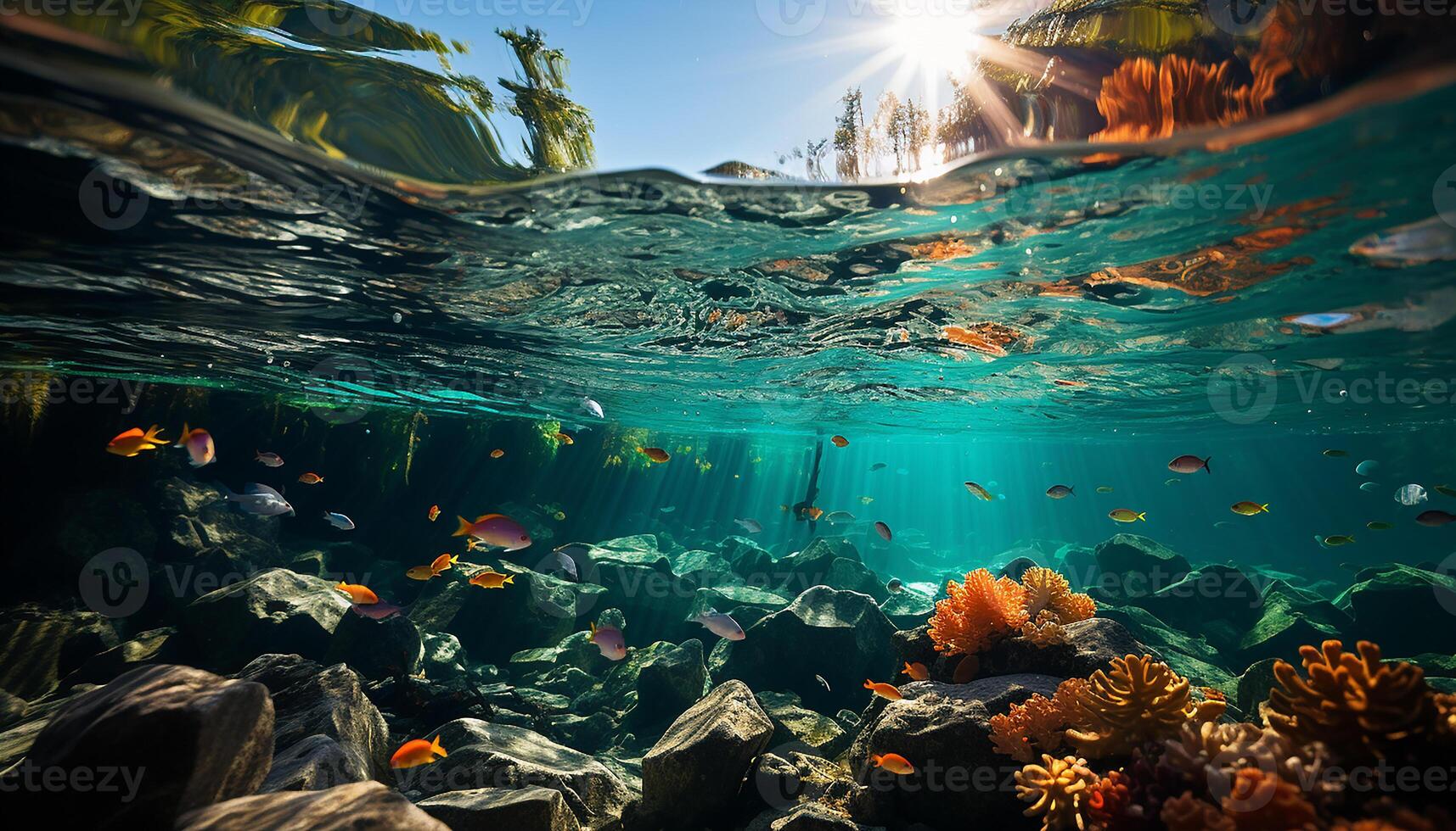 AI generated Underwater fish swim in multi colored reef, below deep blue water generated by AI photo