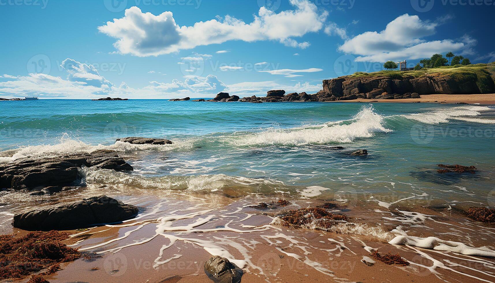 AI generated Tranquil sunset over water, green landscape, rocky coastline, summer vacations generated by AI photo