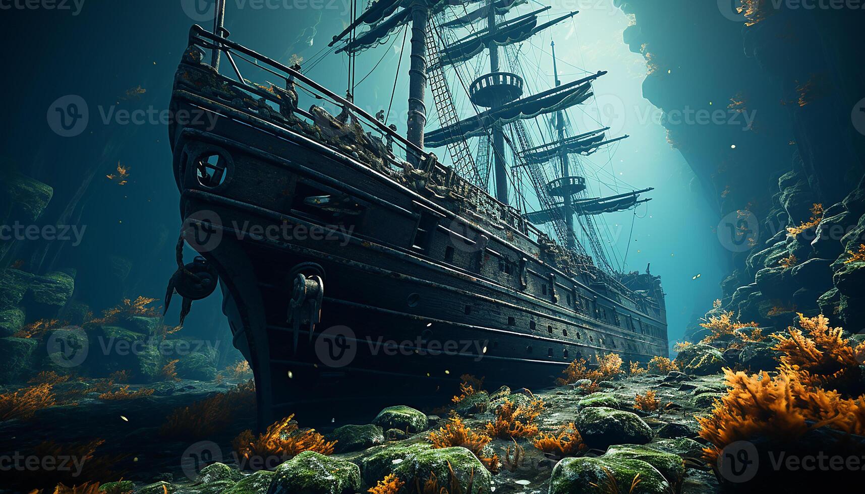 AI generated Old shipwreck sailing through dark underwater mystery generated by AI photo