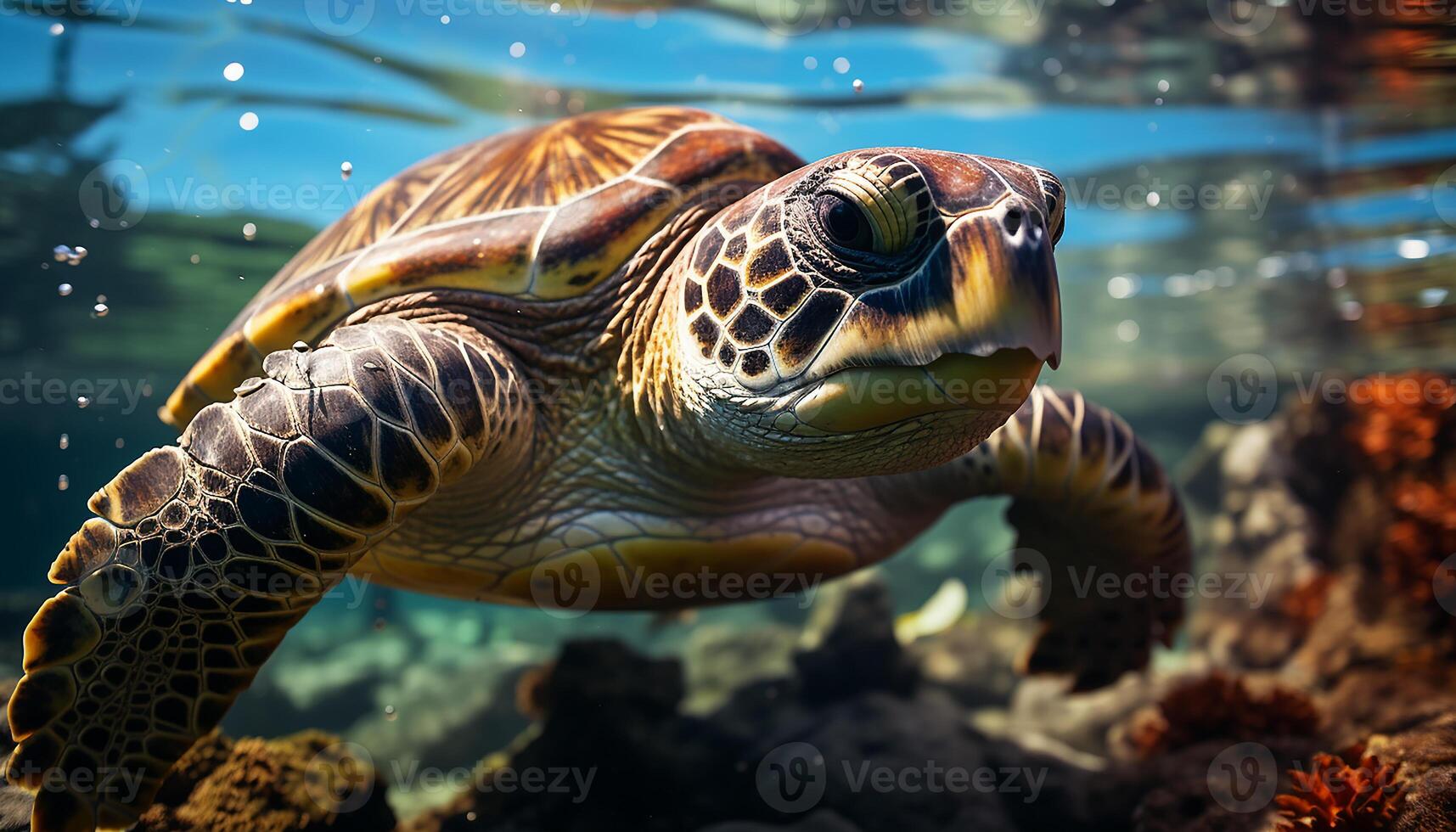 AI generated A beautiful green sea turtle swimming in the blue water generated by AI photo