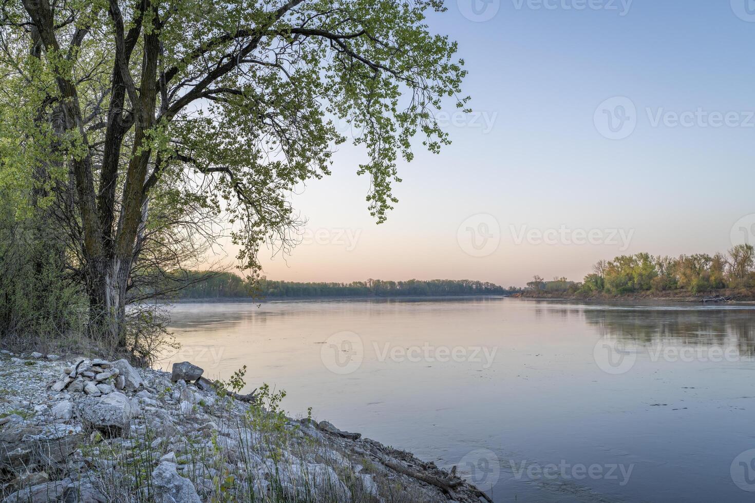 calm spring dawn over Missouri River at Dalton Bottoms, springtime scenery photo
