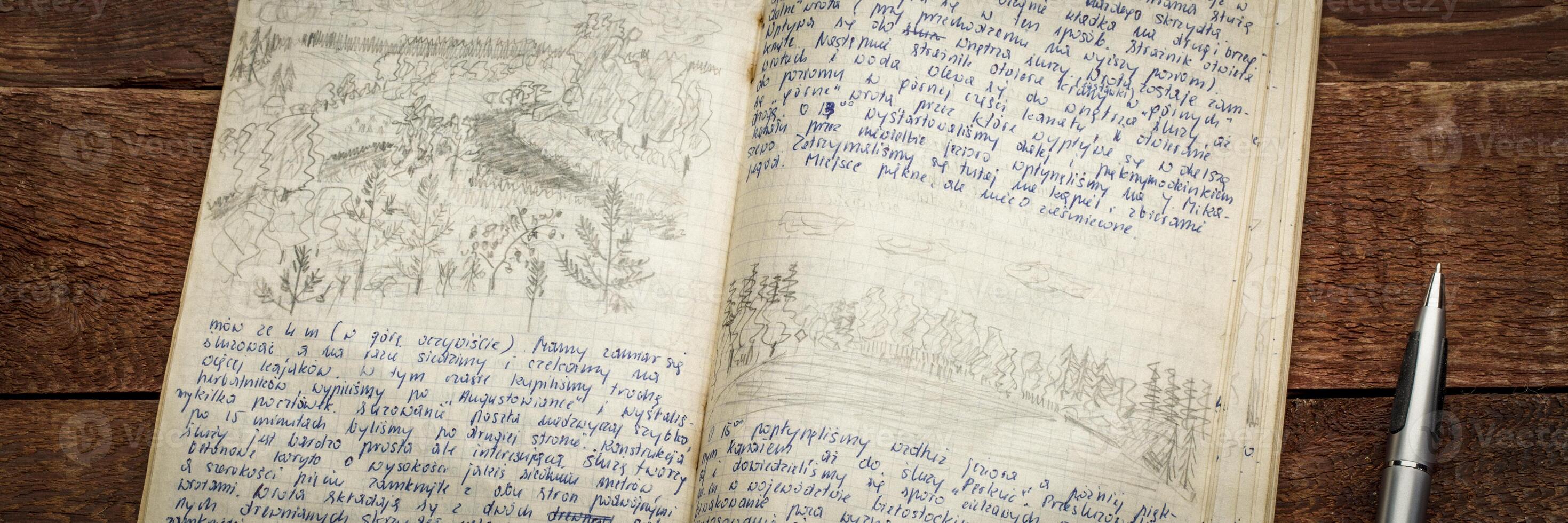 Kayak expedition journal - handwriting in Polish and drawing in pencil against rustic weathered wood. photo