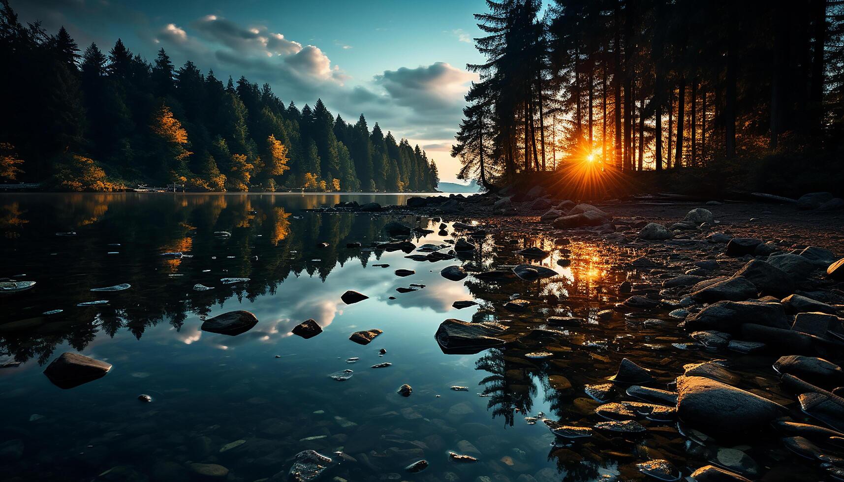 AI generated Tranquil scene sunset reflects on water, nature beauty in autumn generated by AI photo