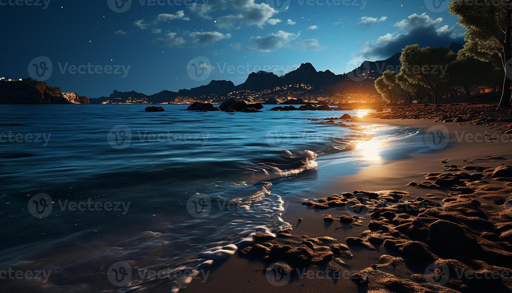 AI generated Tranquil sunset, water reflects twilight sky, serene beauty in nature generated by AI photo