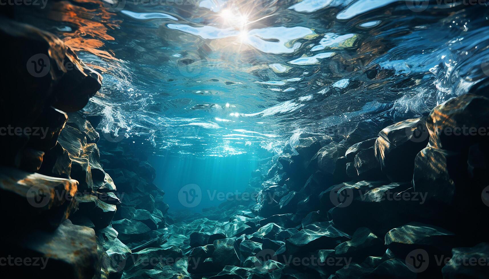 AI generated Underwater adventure fish swim below blue waves, exploring coral reef generated by AI photo