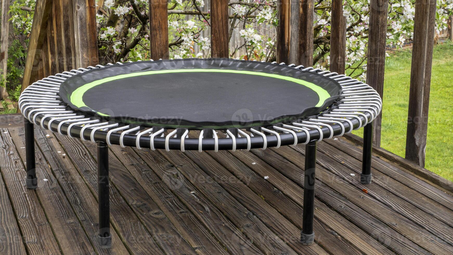 mini trampoline for fitness exercising and rebounding in a backyard patio, springtime scenery photo