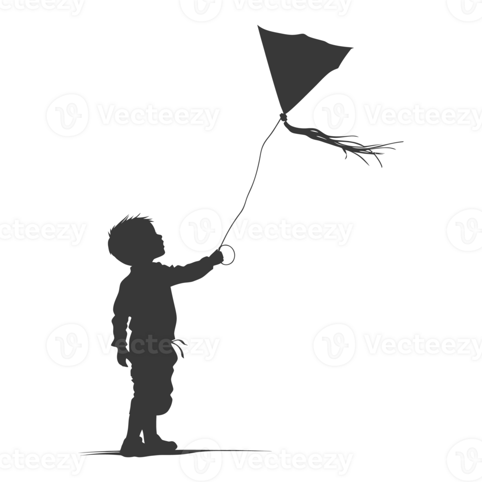 AI generated Silhouette little boy playing kite black color only png