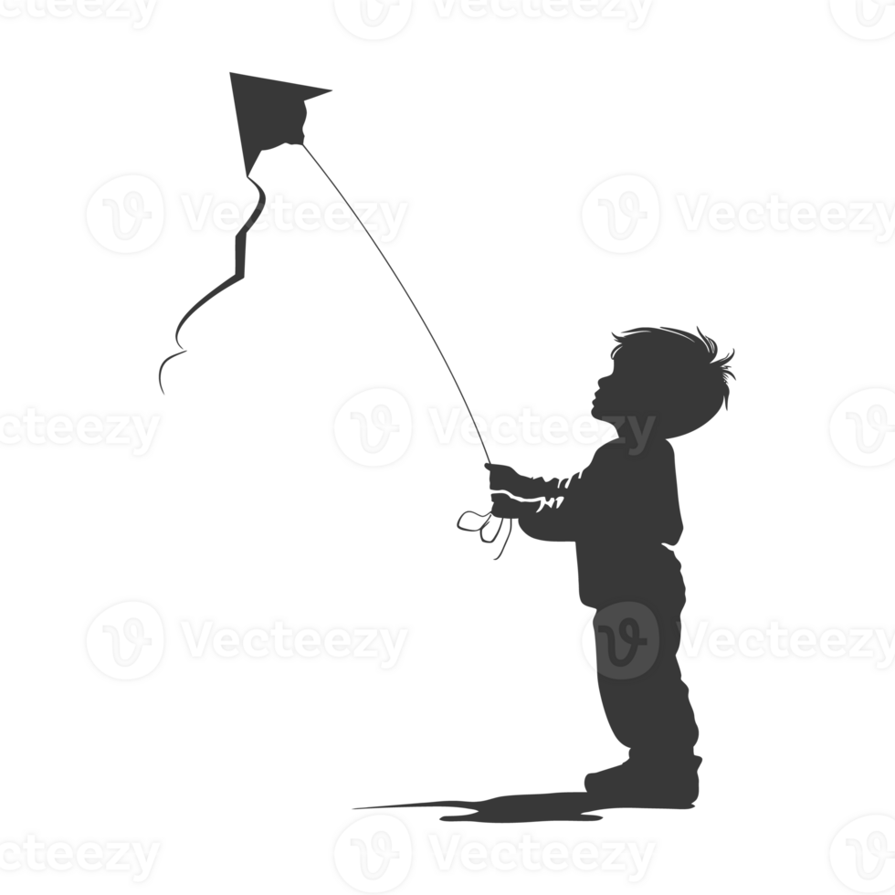 AI generated Silhouette little boy playing kite black color only png
