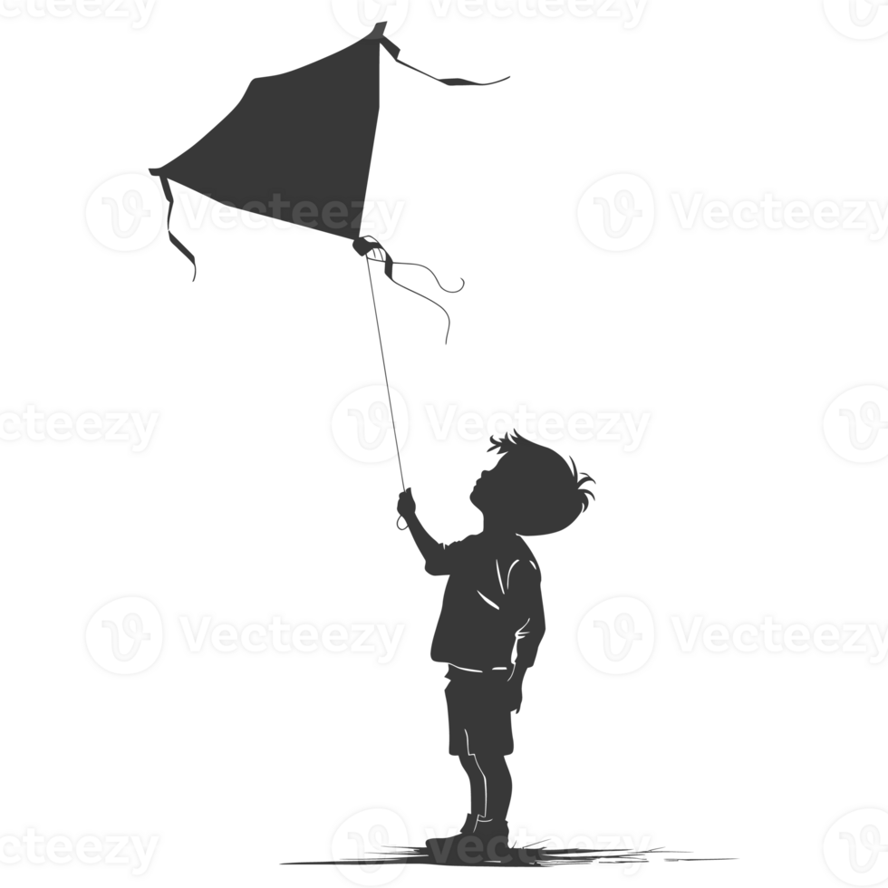 AI generated Silhouette little boy playing kite black color only png