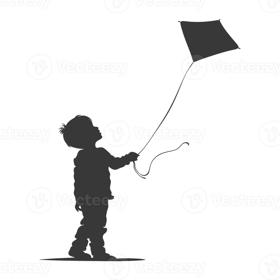 AI generated Silhouette little boy playing kite black color only png