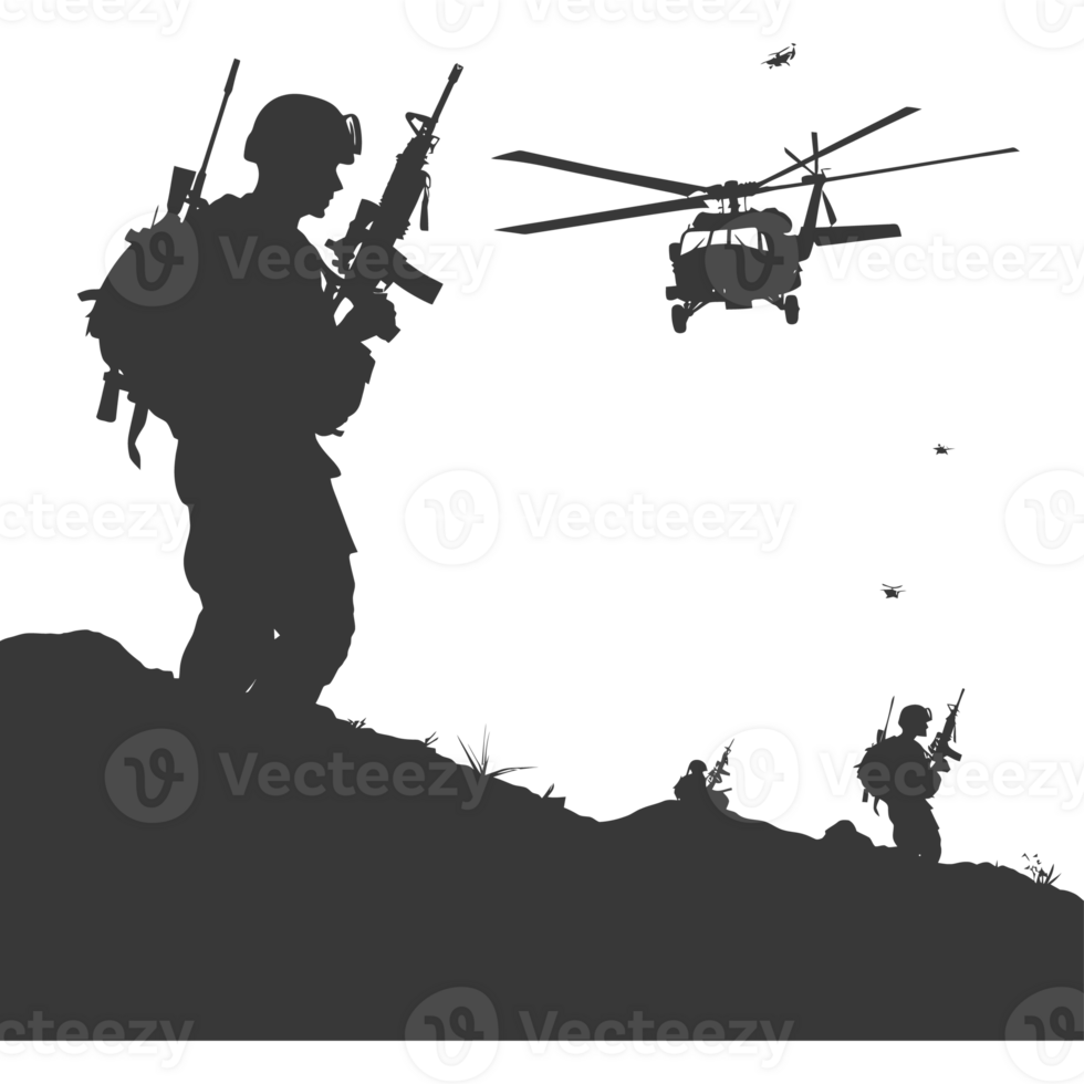 AI generated silhouette of a modern war situation black color only png