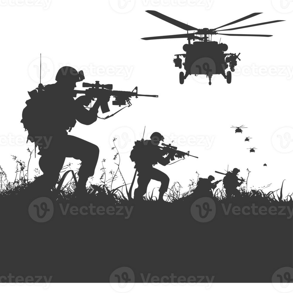 AI generated silhouette of a modern war situation black color only png