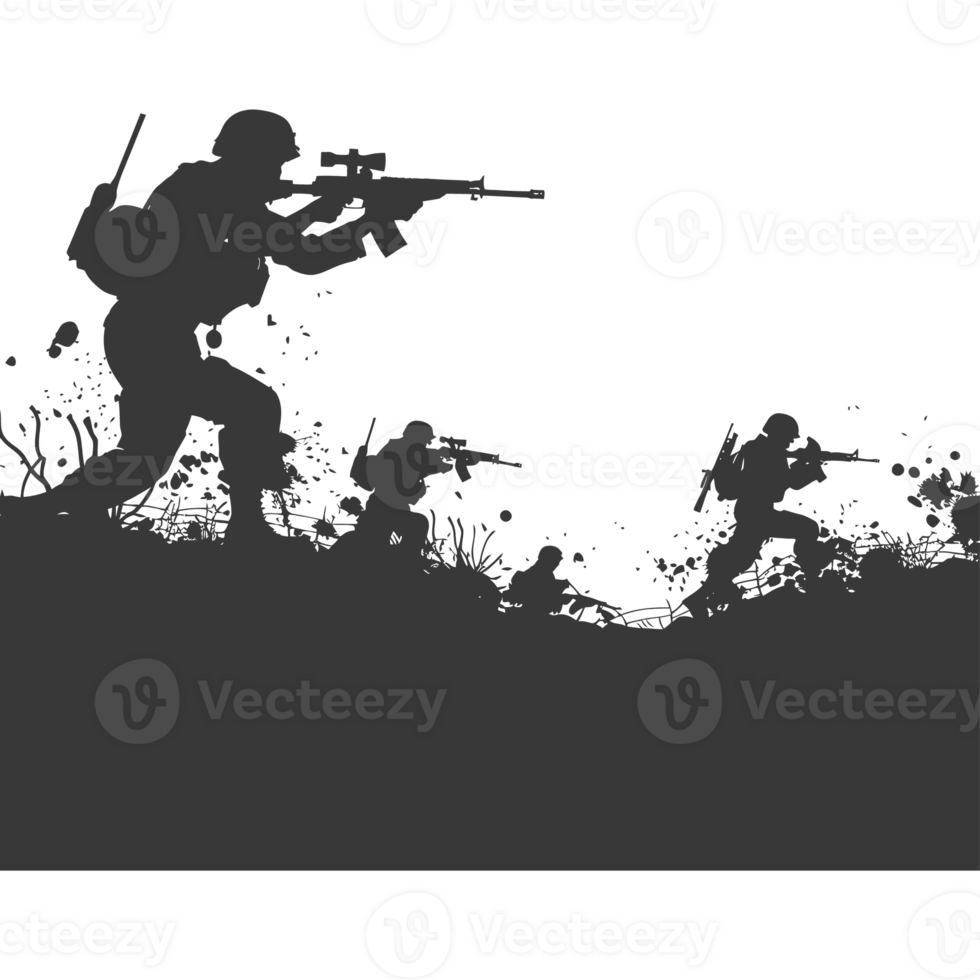 AI generated silhouette of a modern war situation black color only png