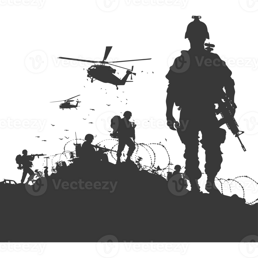 AI generated silhouette of a modern war situation black color only png