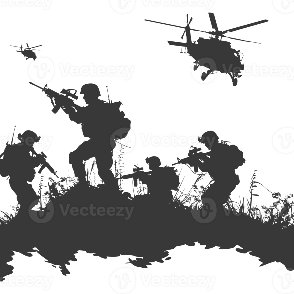 AI generated silhouette of a modern war situation black color only png