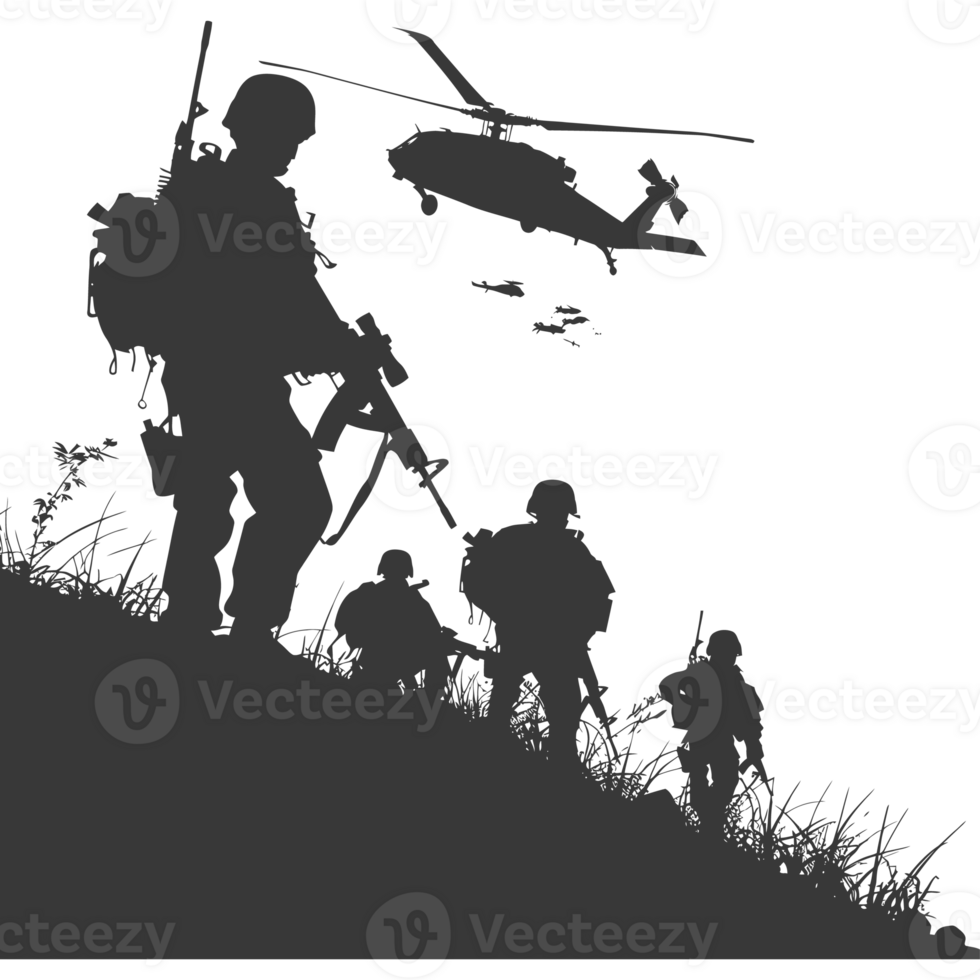 AI generated silhouette of a modern war situation black color only png