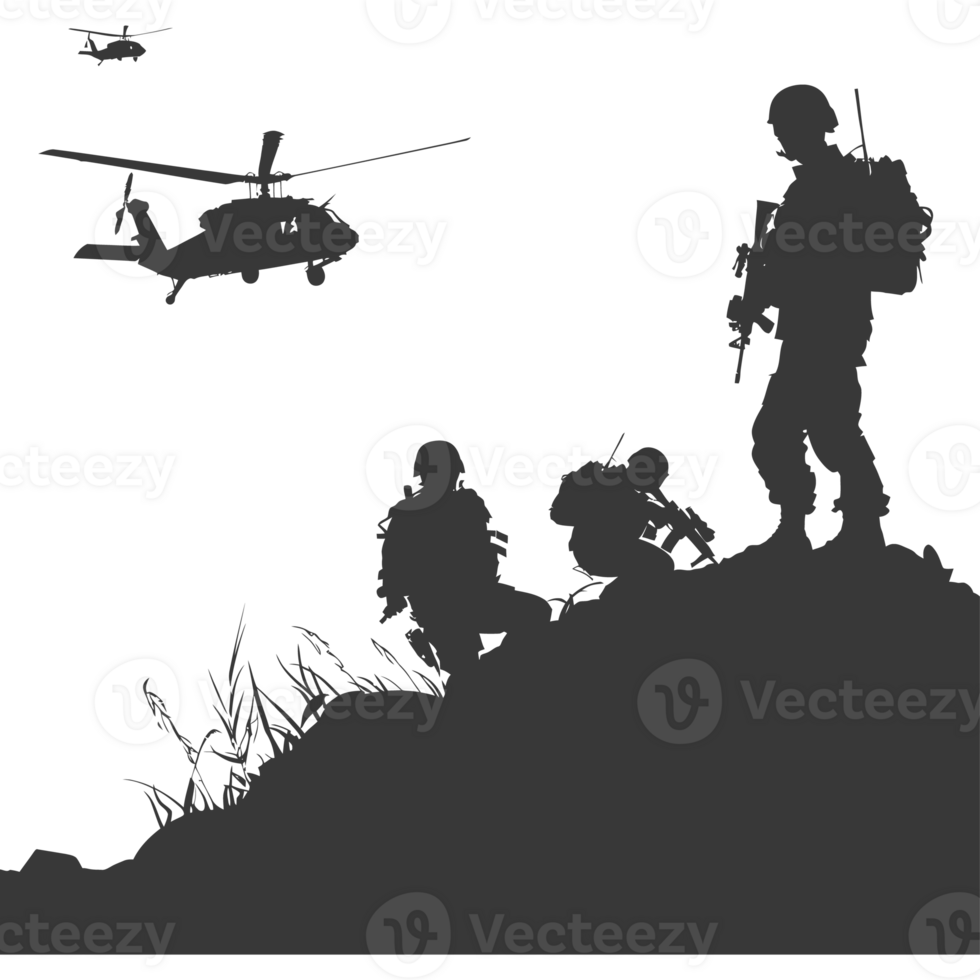 AI generated silhouette of a modern war situation black color only png