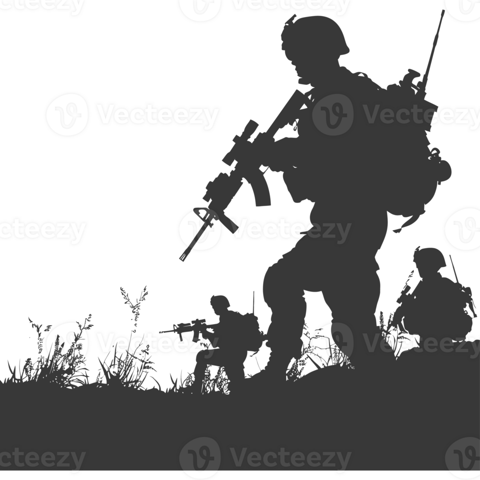 AI generated silhouette of a modern war situation black color only png
