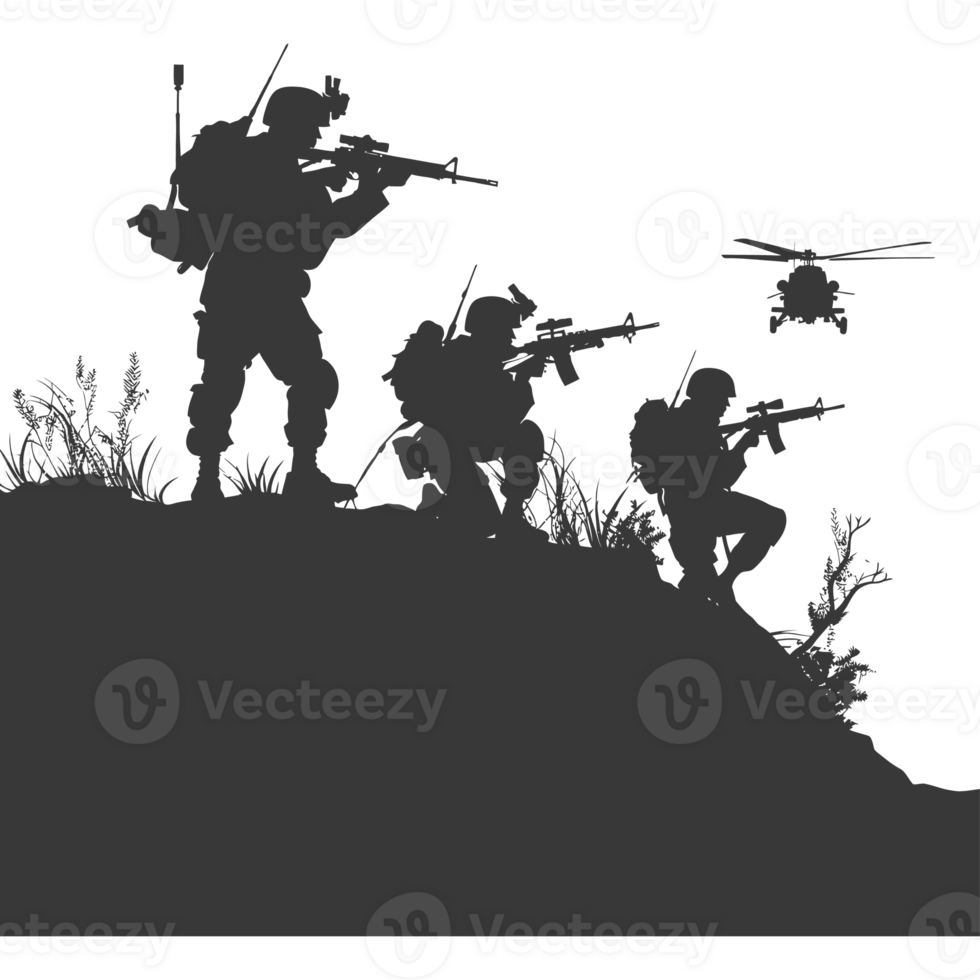 AI generated silhouette of a modern war situation black color only png