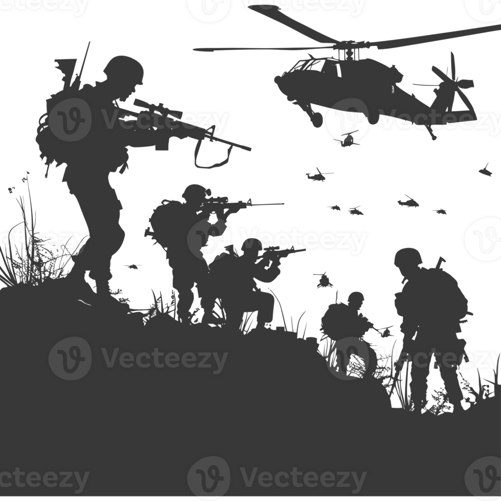 AI generated silhouette of a modern war situation black color only png