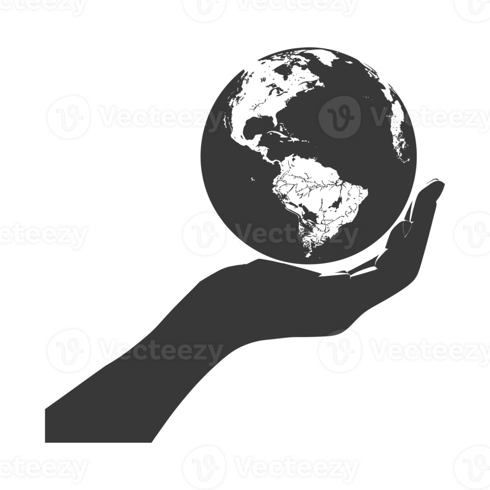 AI generated Silhouette hand holding earth black color only earth day celebration png