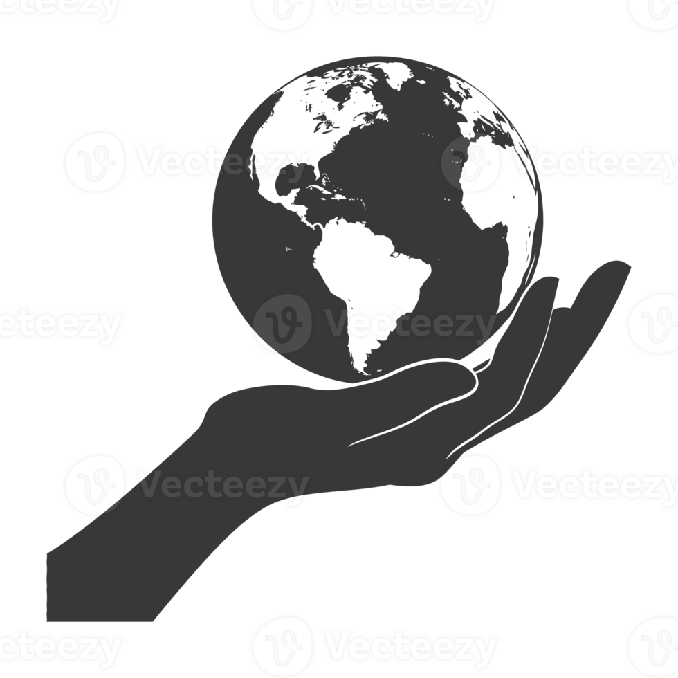 AI generated Silhouette hand holding earth black color only earth day celebration png