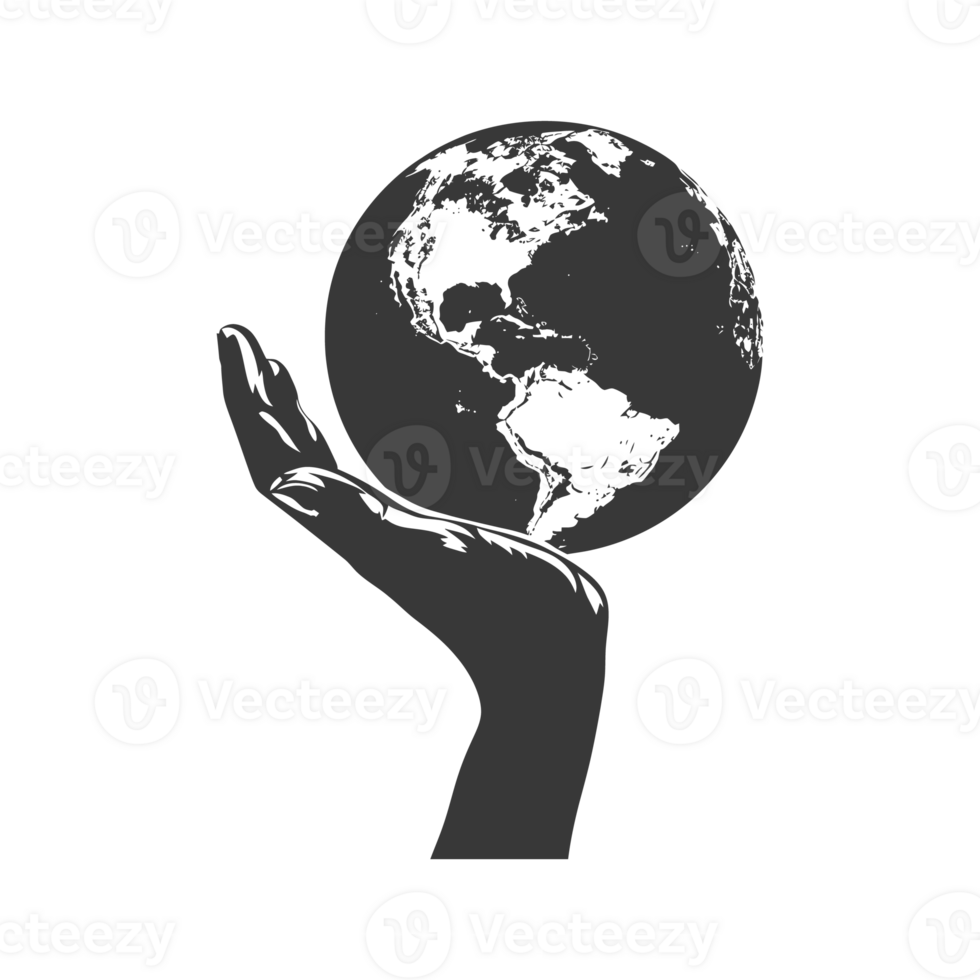AI generated Silhouette hand holding earth black color only earth day celebration png