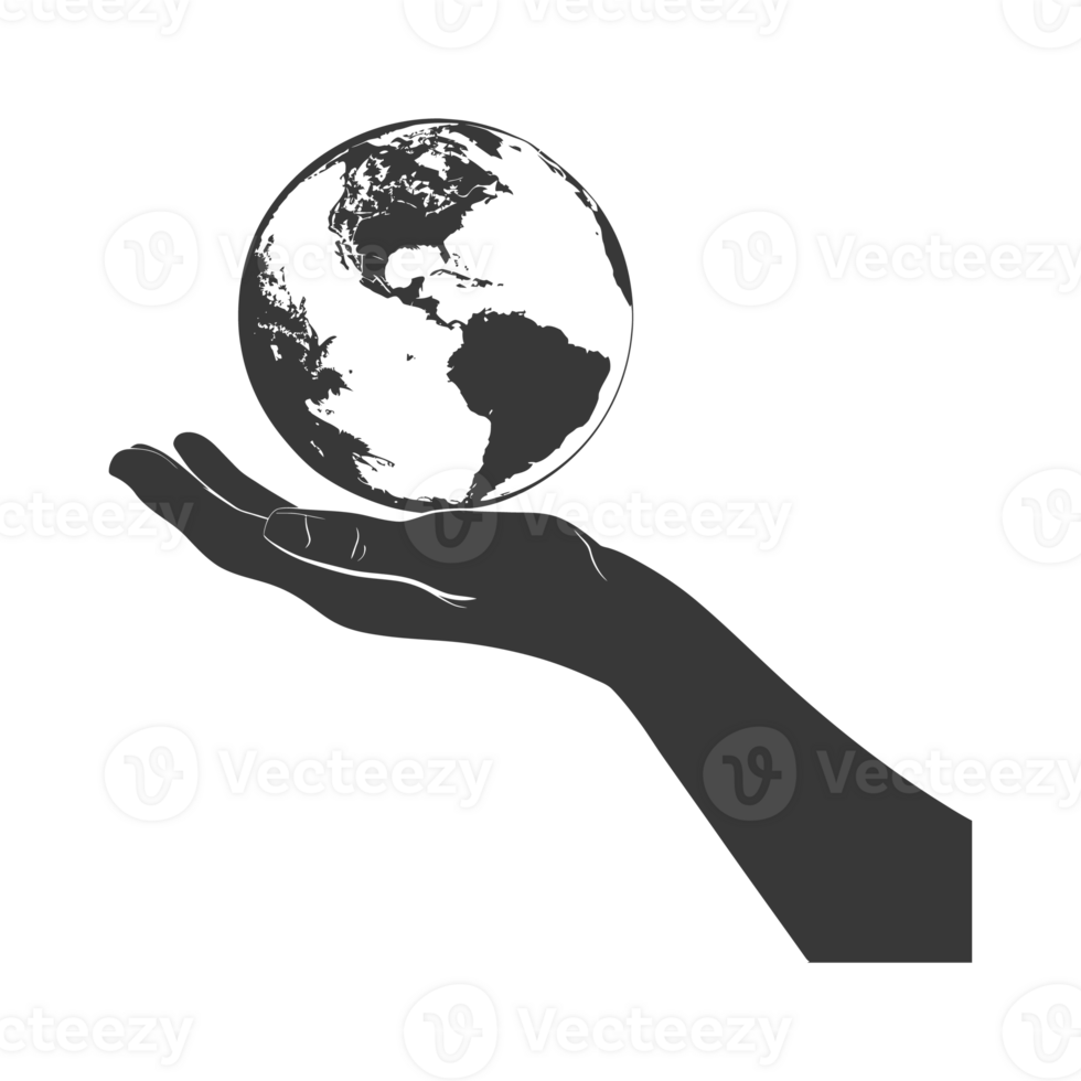 AI generated Silhouette hand holding earth black color only earth day celebration png