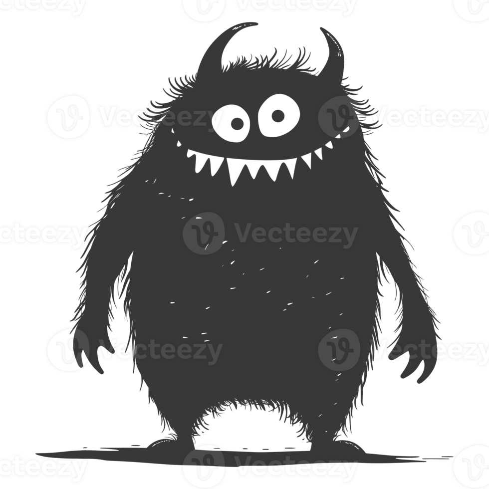 AI generated Silhouette cute monster black color only full body png