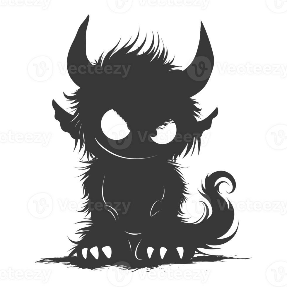 AI generated Silhouette cute monster black color only full body png